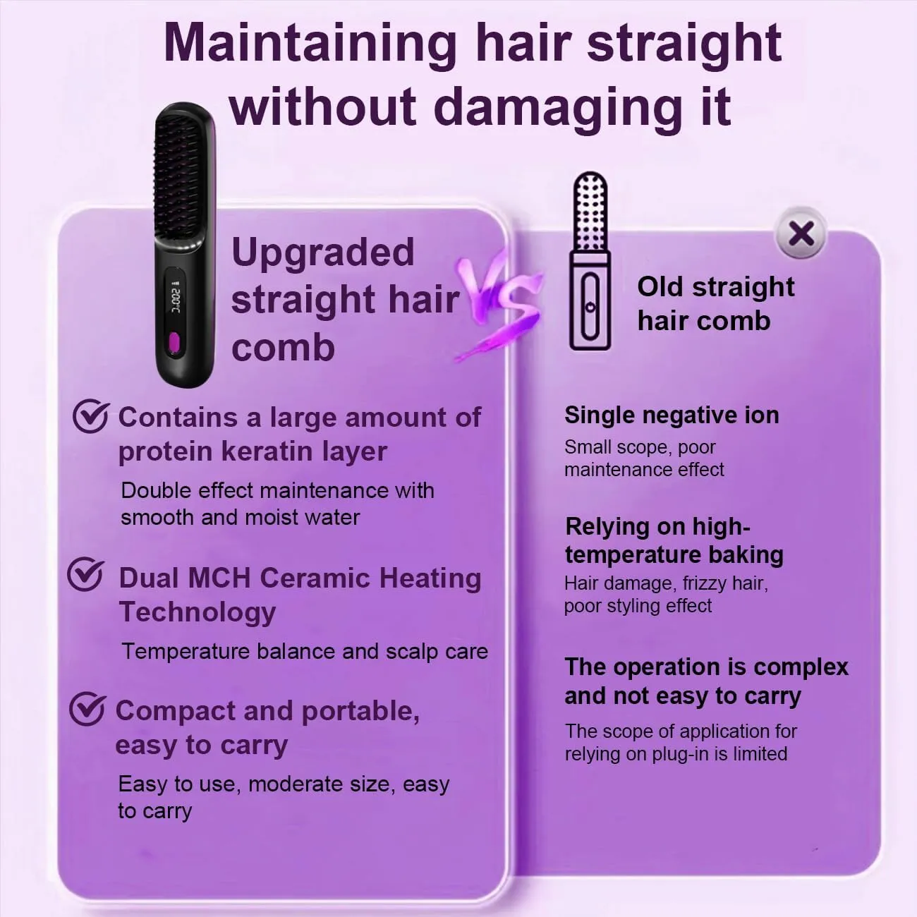 Go Brush Pro 2025 New,Cordless Hair Straightener Brush,Portable Straightener Comb, Straightening Comb Rechargeable Go Travel Hot Combs Mini with Temperature Display for Women(Black)