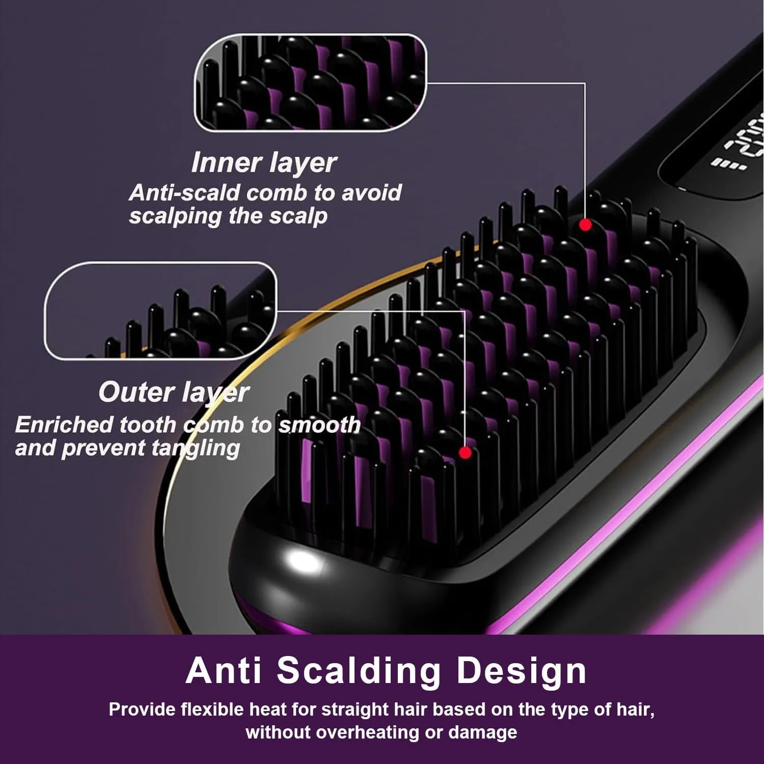 Go Brush Pro 2025 New,Cordless Hair Straightener Brush,Portable Straightener Comb, Straightening Comb Rechargeable Go Travel Hot Combs Mini with Temperature Display for Women(Black)