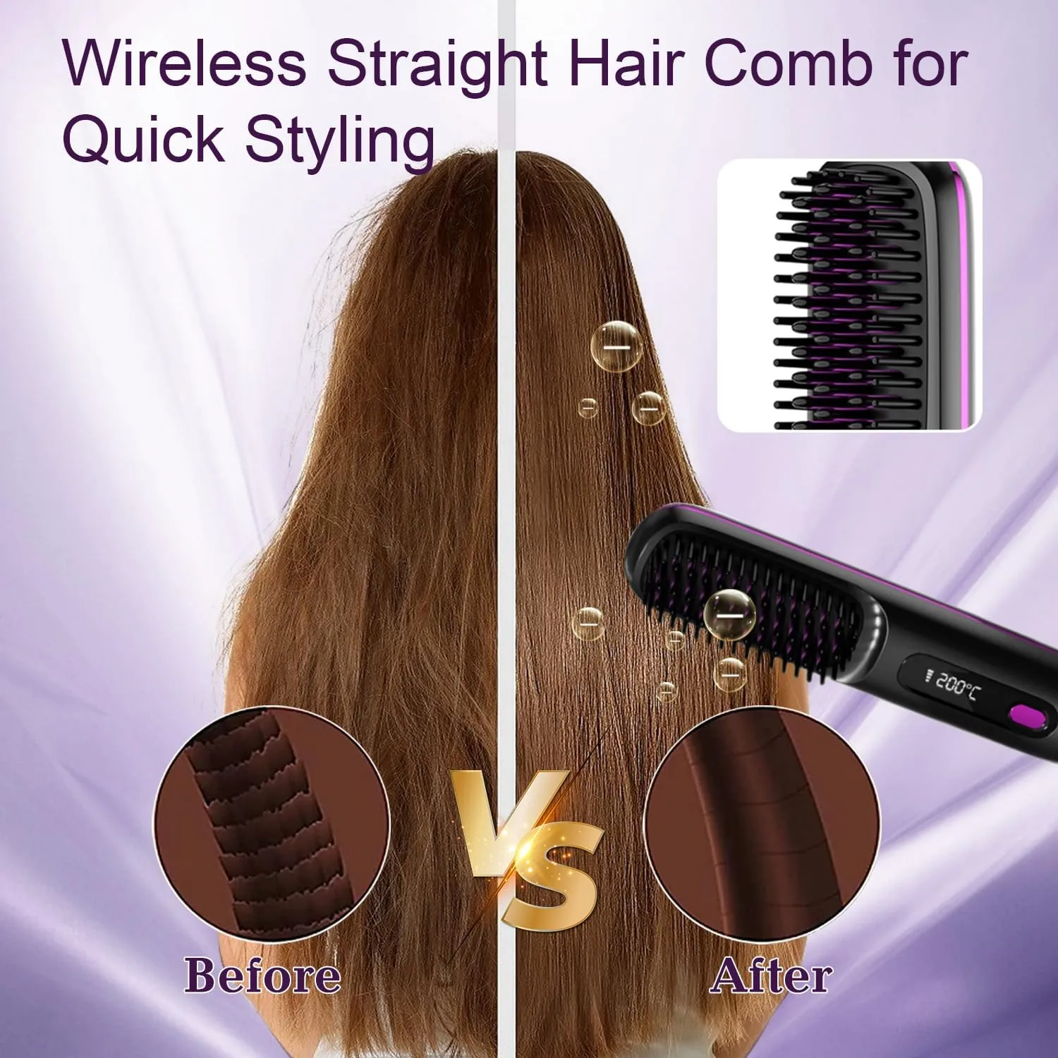 Go Brush Pro 2025 New,Cordless Hair Straightener Brush,Portable Straightener Comb, Straightening Comb Rechargeable Go Travel Hot Combs Mini with Temperature Display for Women(Black)