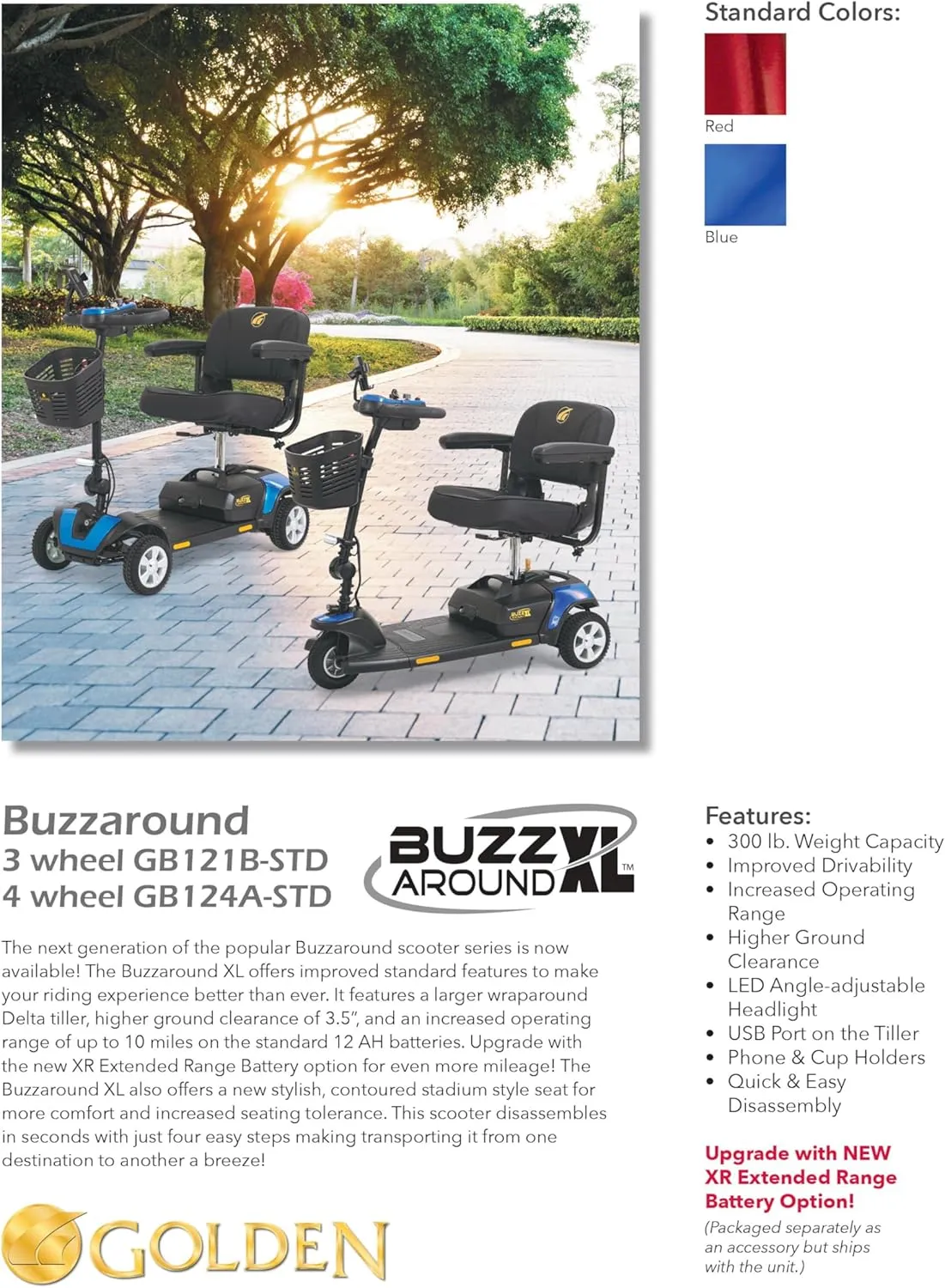 Golden Technologies Buzzaround XL 4-Wheel Compact Disassembling Mobility Scooter - GB124A-STD (Red)
