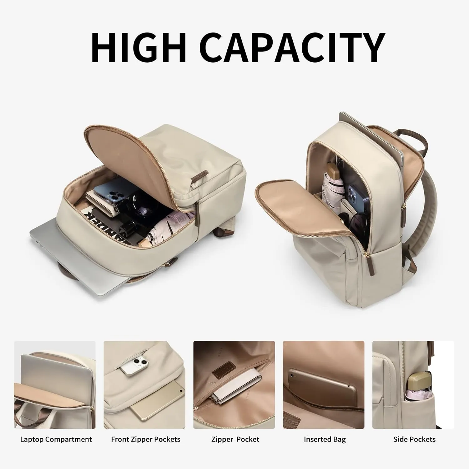 GOLF SUPAGS Laptop Backpack for Women Fits 14 Inch Notebook Casual Daypack Purse Work Travel College Bag (Apricot)