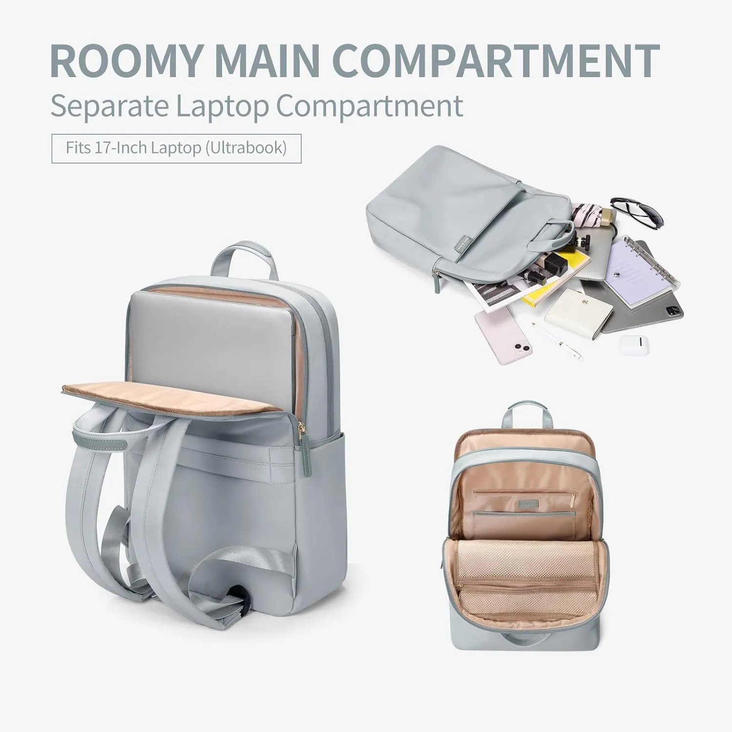 GOLF SUPAGS Travel Laptop Backpack for Women Anti Theft Slim Durable College Bookbag Business Computer Bag Fit 17Inch Notebook (Pale Grey, 17Inch)