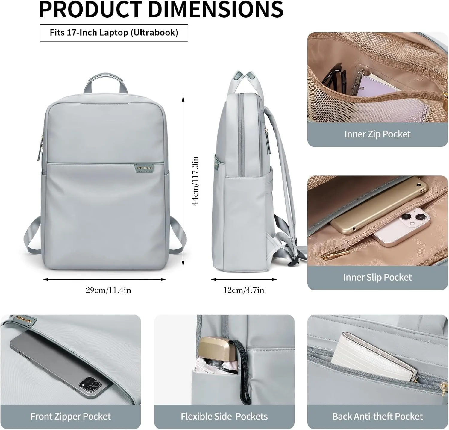 GOLF SUPAGS Travel Laptop Backpack for Women Anti Theft Slim Durable College Bookbag Business Computer Bag Fit 17Inch Notebook (Pale Grey, 17Inch)