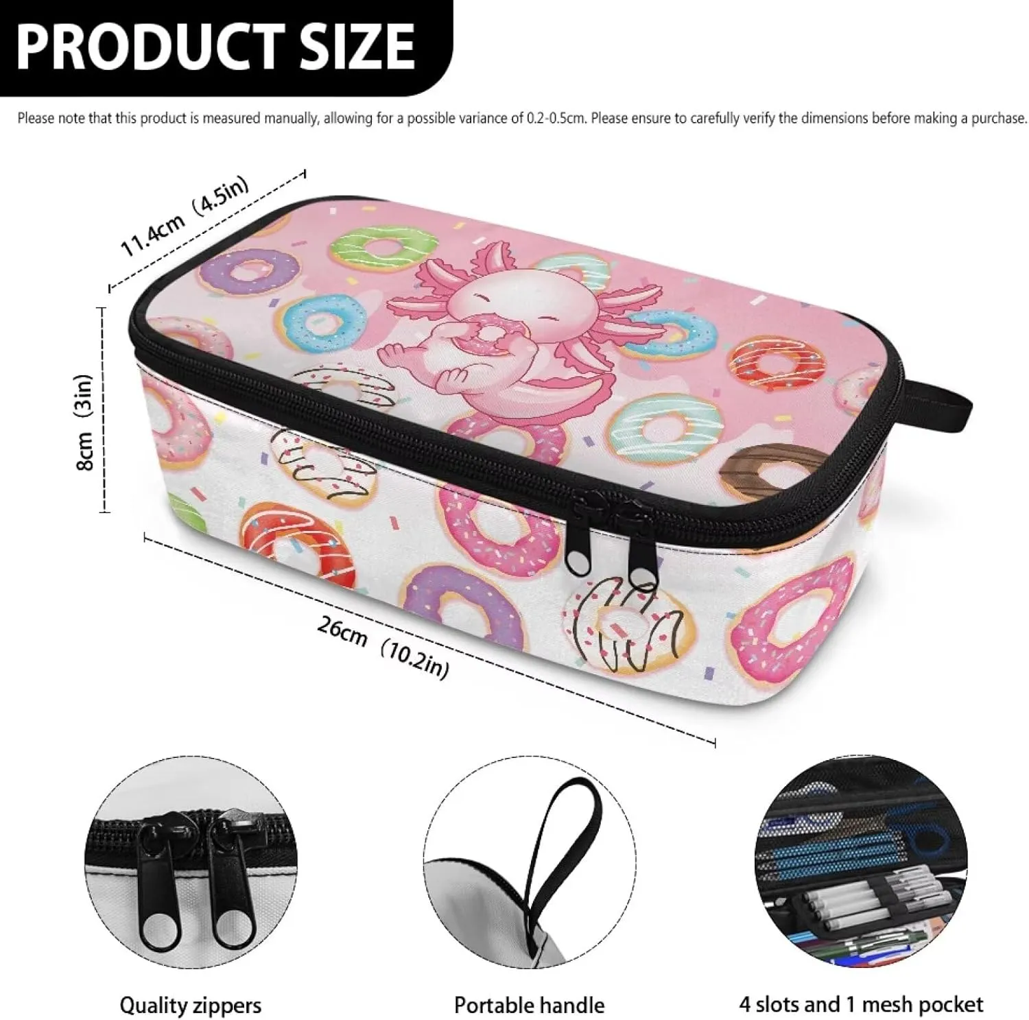 Gomyblomy Axolotl Donuts Pencil Case for Girls Kawaii School Stationery Pouch with Zipper Storage Bag for Highlighter Marker Case for Kids Large Capacity Pen Box for School Travel Office