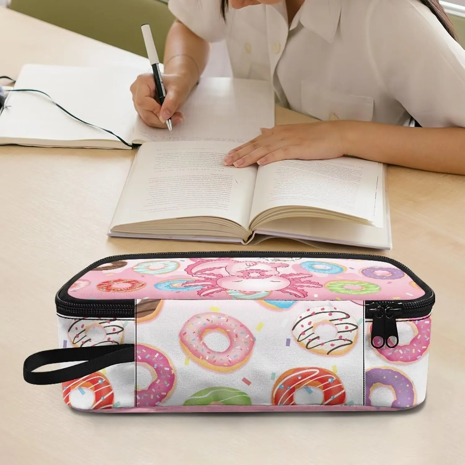 Gomyblomy Axolotl Donuts Pencil Case for Girls Kawaii School Stationery Pouch with Zipper Storage Bag for Highlighter Marker Case for Kids Large Capacity Pen Box for School Travel Office
