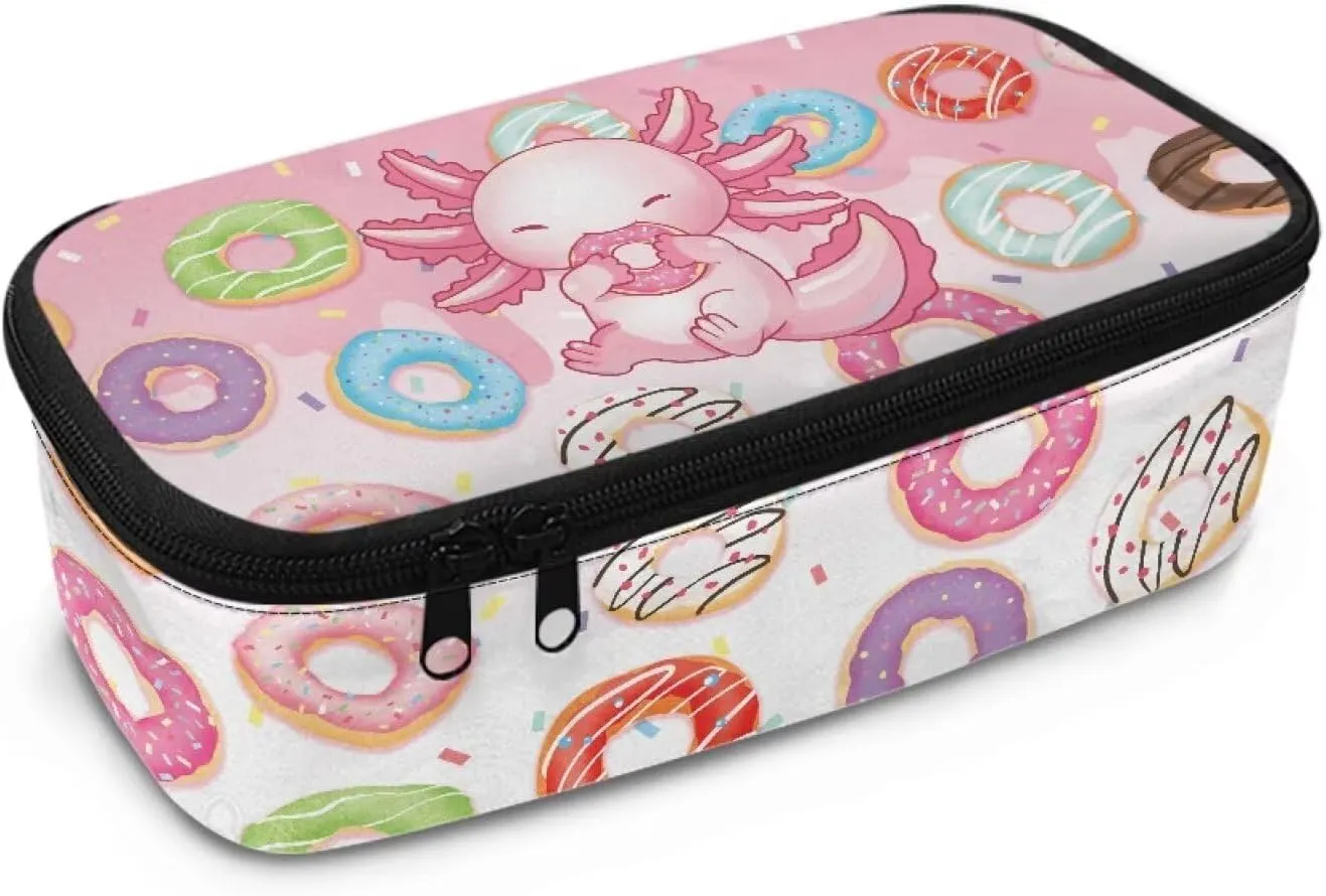 Gomyblomy Axolotl Donuts Pencil Case for Girls Kawaii School Stationery Pouch with Zipper Storage Bag for Highlighter Marker Case for Kids Large Capacity Pen Box for School Travel Office