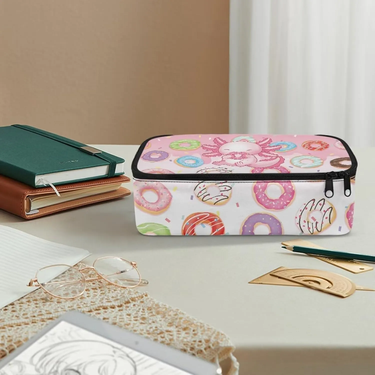 Gomyblomy Axolotl Donuts Pencil Case for Girls Kawaii School Stationery Pouch with Zipper Storage Bag for Highlighter Marker Case for Kids Large Capacity Pen Box for School Travel Office