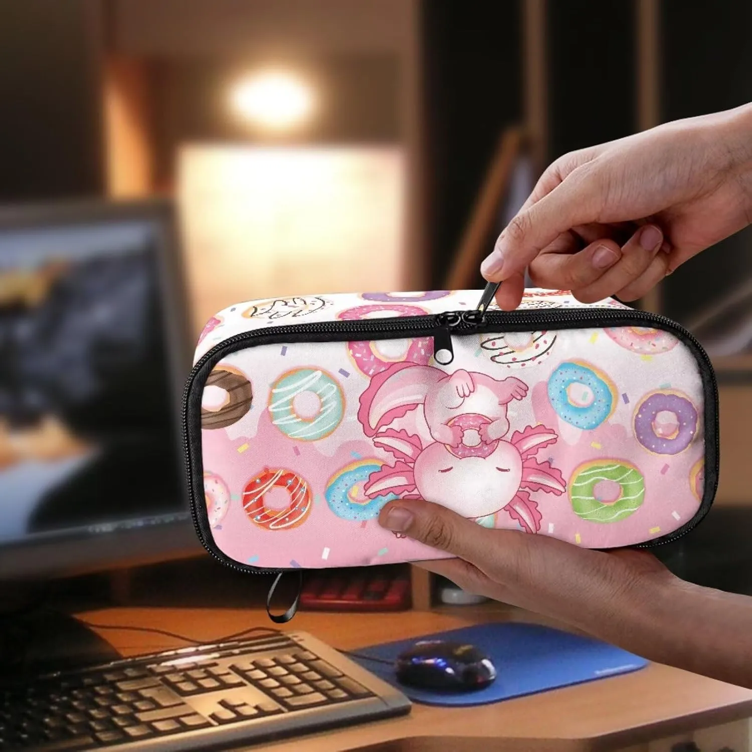 Gomyblomy Axolotl Donuts Pencil Case for Girls Kawaii School Stationery Pouch with Zipper Storage Bag for Highlighter Marker Case for Kids Large Capacity Pen Box for School Travel Office