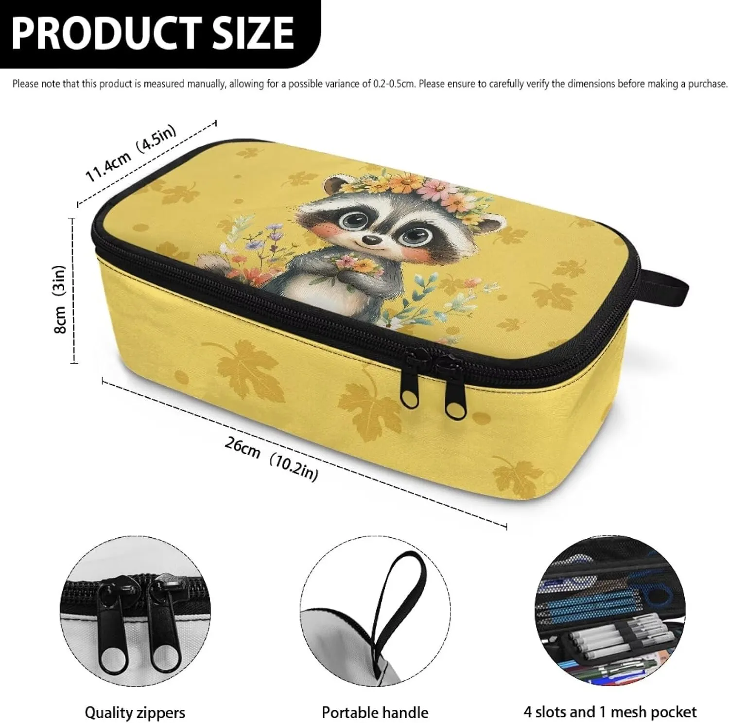 Gomyblomy Raccoon Flowers Pencil Case for Girls 8-10 10-12 Cute Pen Holder Box Large Capacity School Stationery Organizer Pouch for Kindergarten Elementary Cute Makeup Bag for Travel