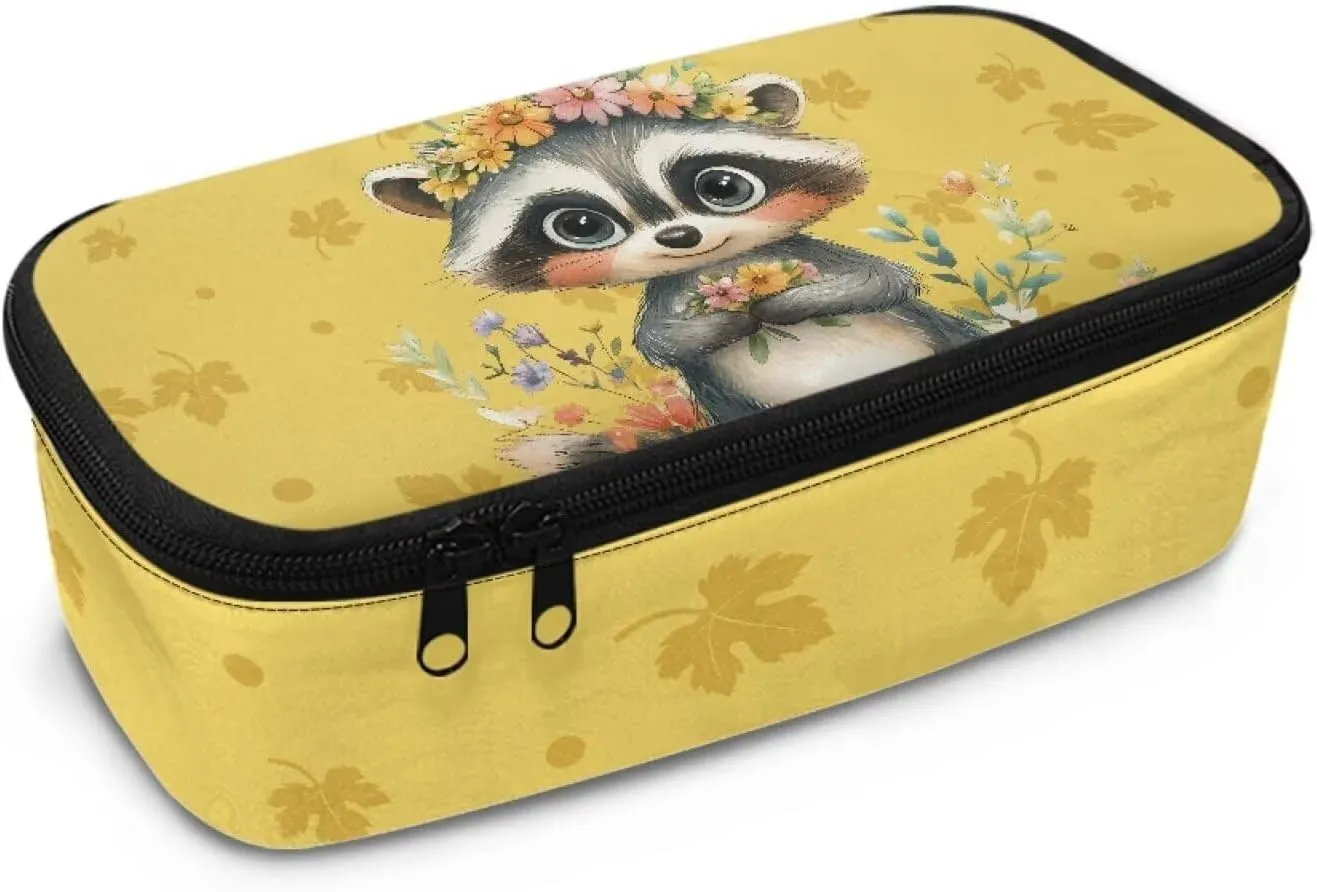 Gomyblomy Raccoon Flowers Pencil Case for Girls 8-10 10-12 Cute Pen Holder Box Large Capacity School Stationery Organizer Pouch for Kindergarten Elementary Cute Makeup Bag for Travel