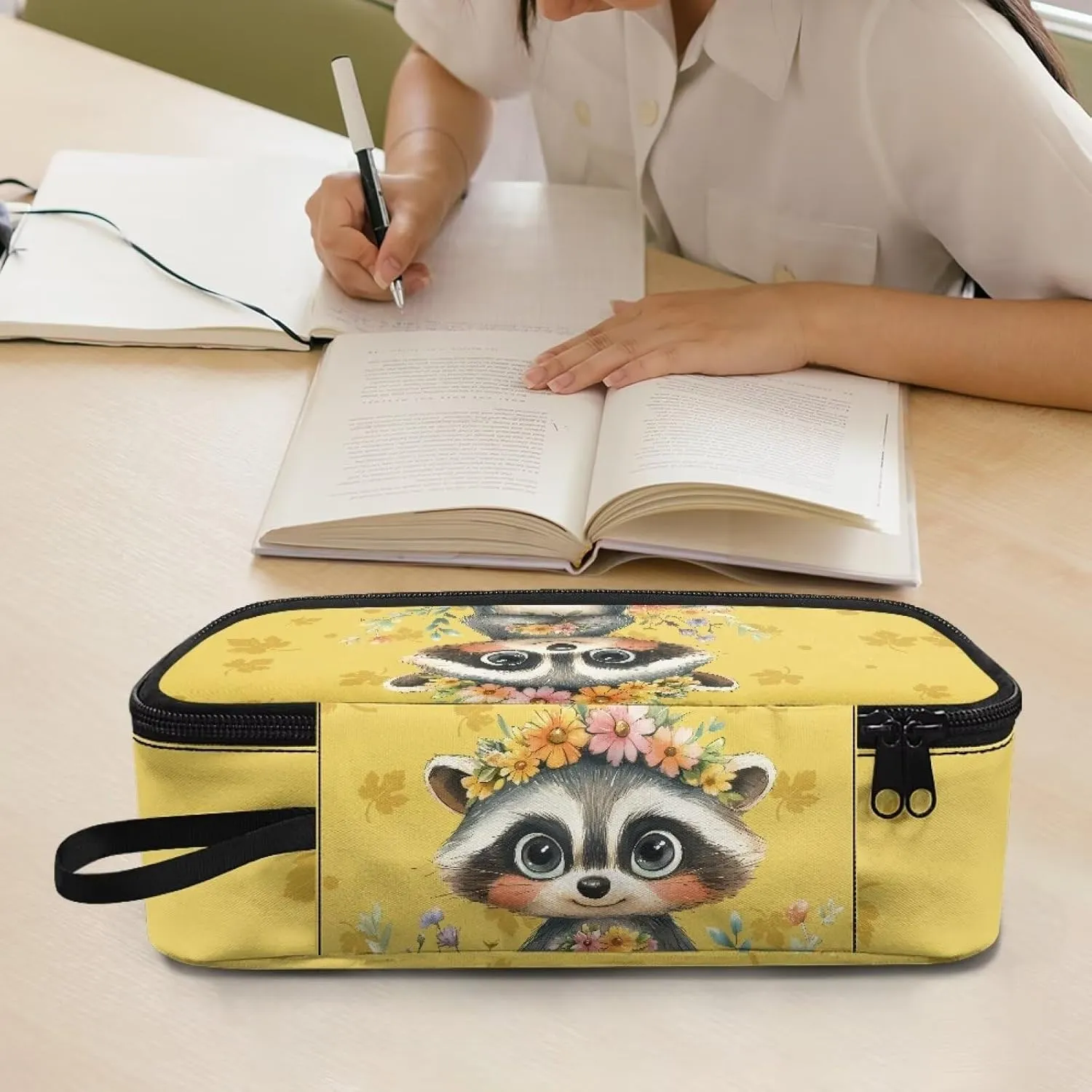 Gomyblomy Raccoon Flowers Pencil Case for Girls 8-10 10-12 Cute Pen Holder Box Large Capacity School Stationery Organizer Pouch for Kindergarten Elementary Cute Makeup Bag for Travel