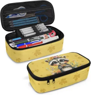 Gomyblomy Raccoon Flowers Pencil Case for Girls 8-10 10-12 Cute Pen Holder Box Large Capacity School Stationery Organizer Pouch for Kindergarten Elementary Cute Makeup Bag for Travel