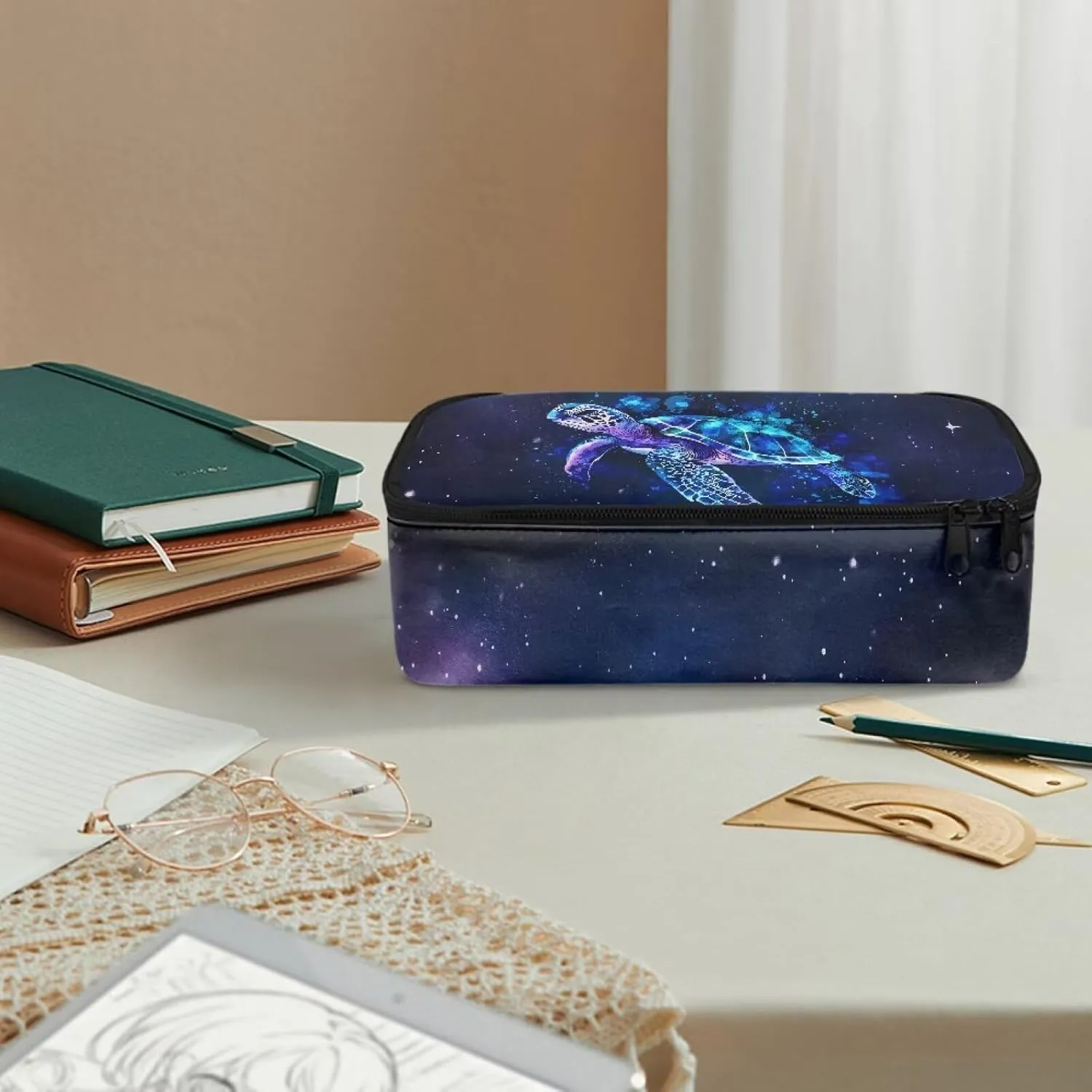 Gomyblomy Space Sea Turtle Pencil Case for Teen Girls Women Fashion Pen Bag Stationery Pencil Pouch with Zipper Big Capacity Makeup Organizer Bag for Travel School Office Supplies
