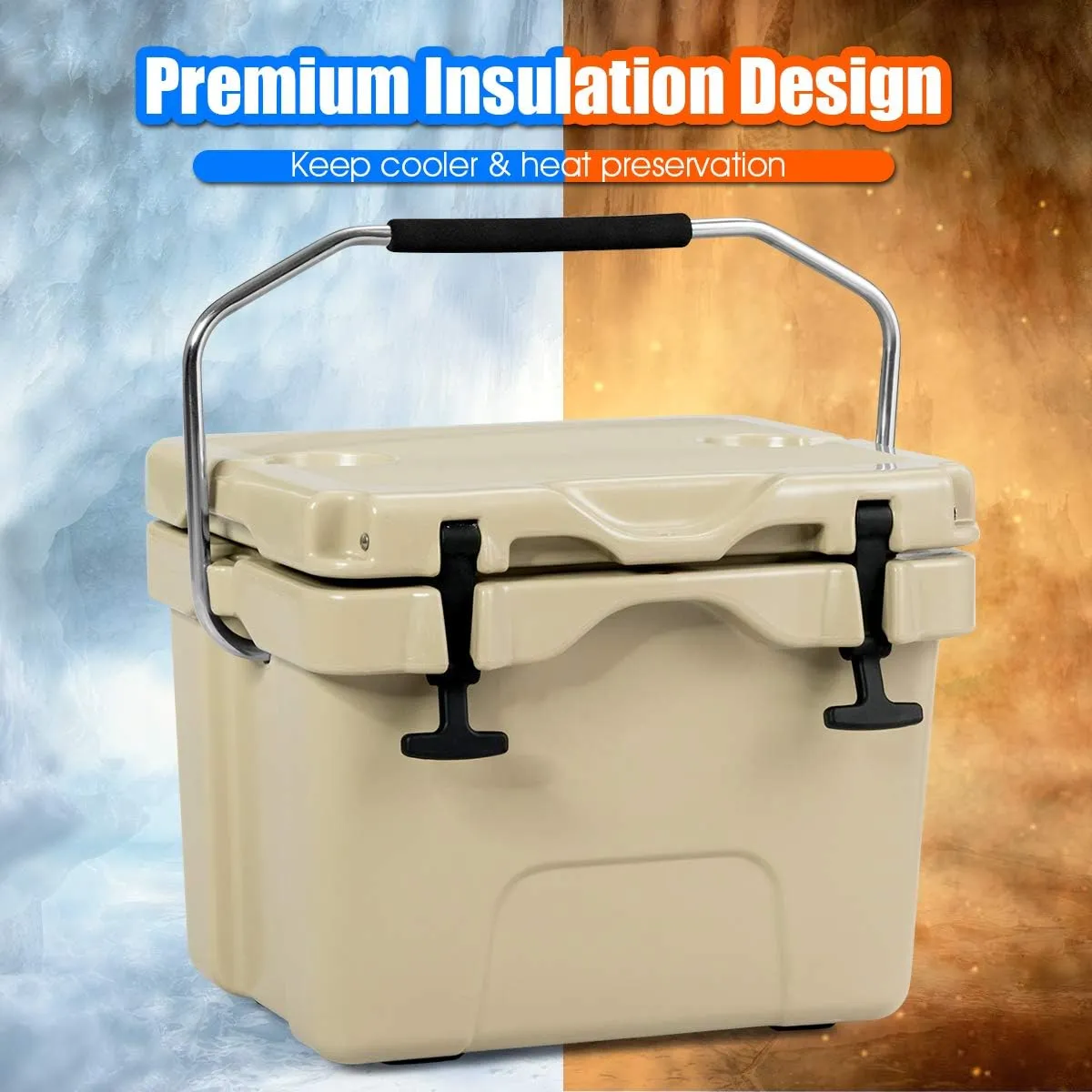 Goplus 16 Quart Cooler, 24-Can Capacity Ice Chest with 2 Cup Holders, 3-5 Days Ice Retention, Portable Insulated Ice Box for Camping, Fishing Outdoor Activities