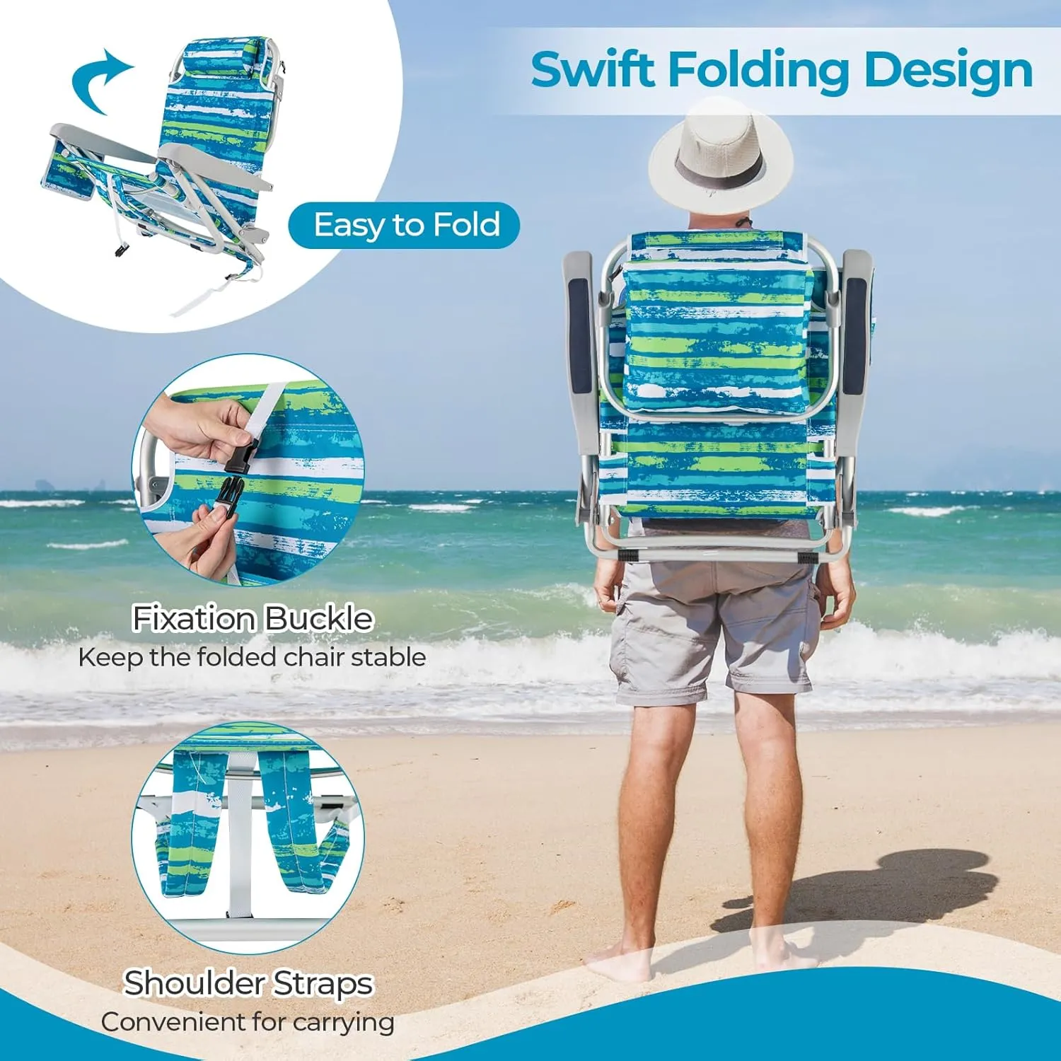Goplus Beach Chair, 2 Pack 330lbs Folding Backpack Beach Chairs for Adults with 5 Positions, Storage Pockets, Towel Bar & Headrest, Foldable Low Beach Lounge, Portable Aluminum Lay Flat Camping Chair