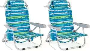 Goplus Beach Chair, 2 Pack 330lbs Folding Backpack Beach Chairs for Adults with 5 Positions, Storage Pockets, Towel Bar & Headrest, Foldable Low Beach Lounge, Portable Aluminum Lay Flat Camping Chair