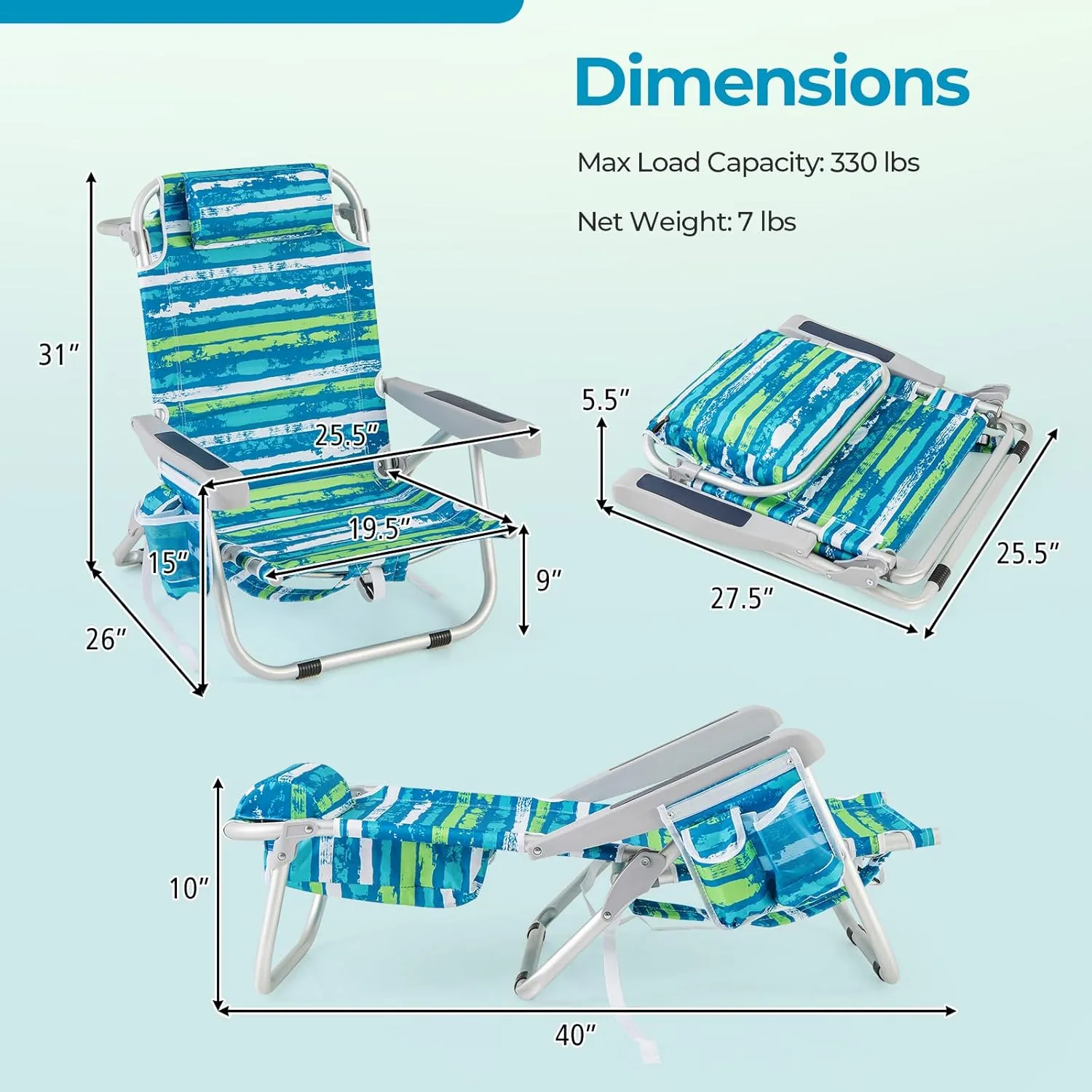 Goplus Beach Chair, 2 Pack 330lbs Folding Backpack Beach Chairs for Adults with 5 Positions, Storage Pockets, Towel Bar & Headrest, Foldable Low Beach Lounge, Portable Aluminum Lay Flat Camping Chair