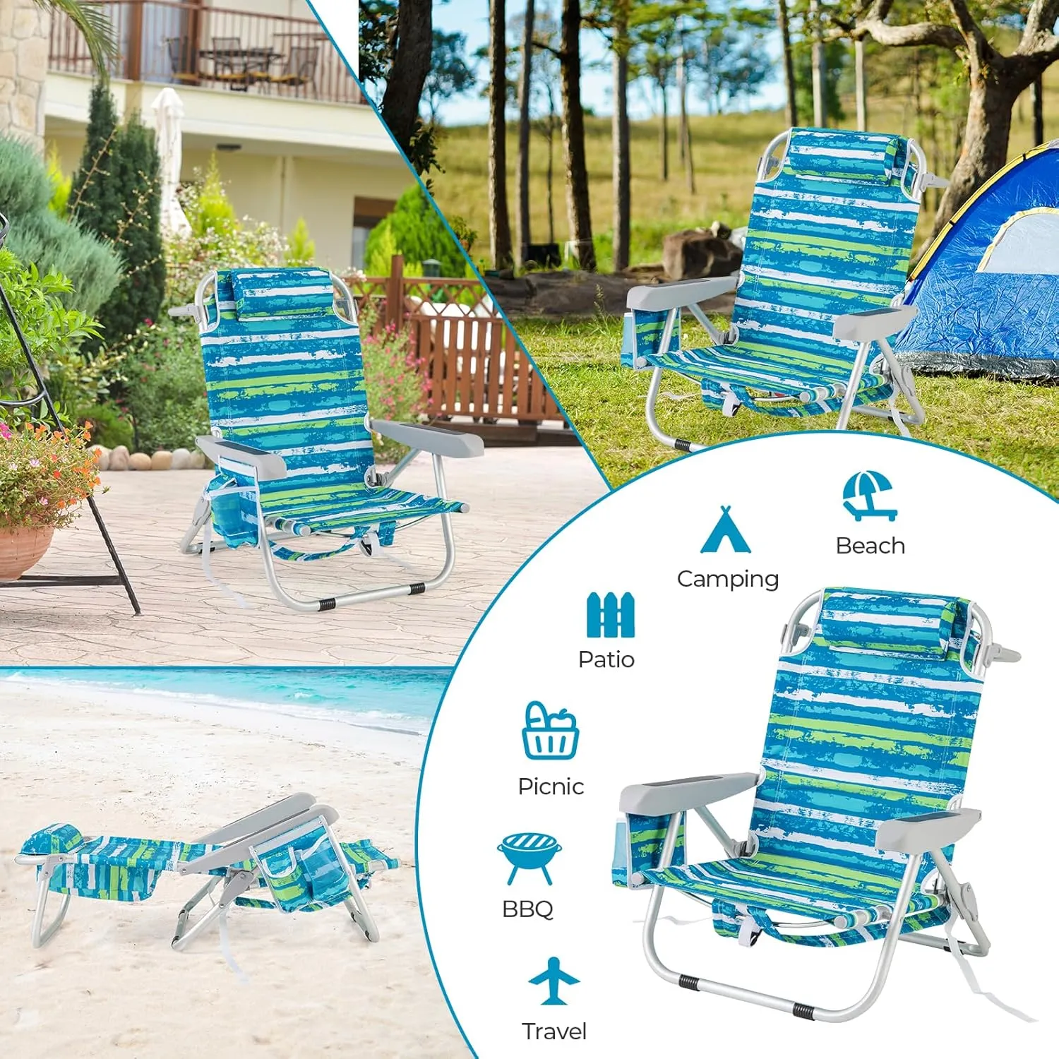 Goplus Beach Chair, 2 Pack 330lbs Folding Backpack Beach Chairs for Adults with 5 Positions, Storage Pockets, Towel Bar & Headrest, Foldable Low Beach Lounge, Portable Aluminum Lay Flat Camping Chair