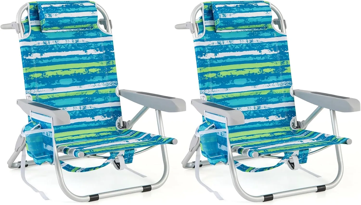Goplus Beach Chair, 2 Pack 330lbs Folding Backpack Beach Chairs for Adults with 5 Positions, Storage Pockets, Towel Bar & Headrest, Foldable Low Beach Lounge, Portable Aluminum Lay Flat Camping Chair