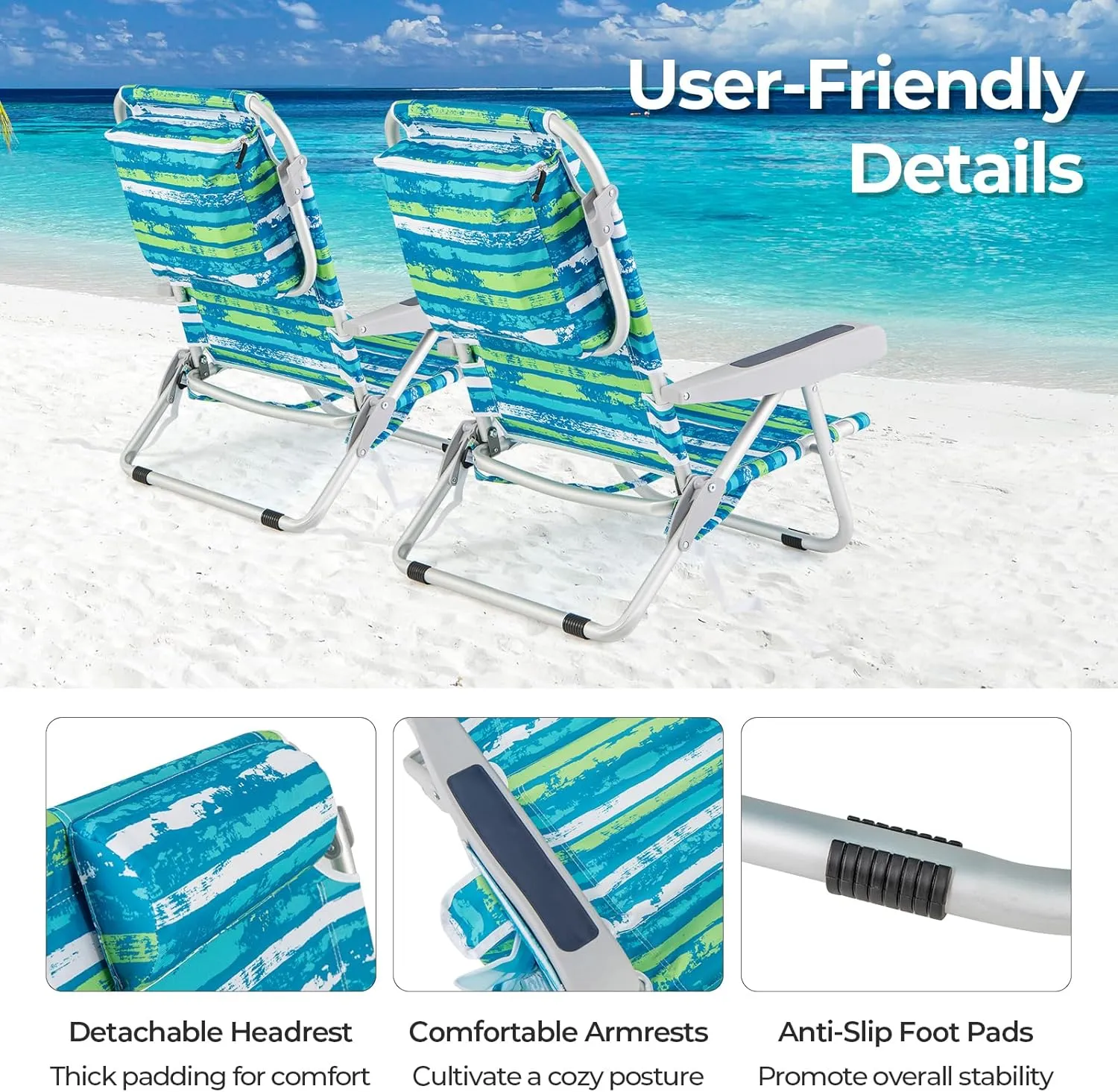 Goplus Beach Chair, 2 Pack 330lbs Folding Backpack Beach Chairs for Adults with 5 Positions, Storage Pockets, Towel Bar & Headrest, Foldable Low Beach Lounge, Portable Aluminum Lay Flat Camping Chair