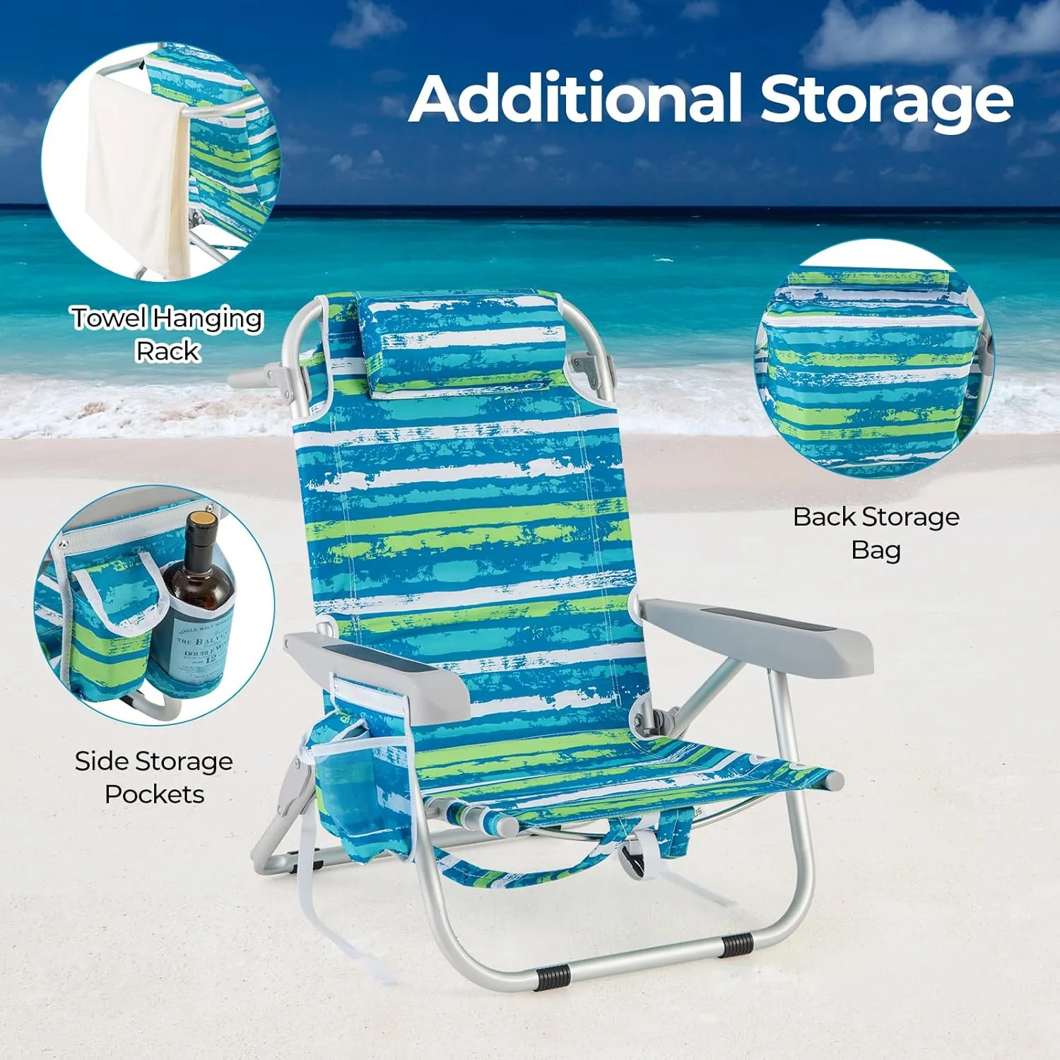 Goplus Beach Chair, 2 Pack 330lbs Folding Backpack Beach Chairs for Adults with 5 Positions, Storage Pockets, Towel Bar & Headrest, Foldable Low Beach Lounge, Portable Aluminum Lay Flat Camping Chair