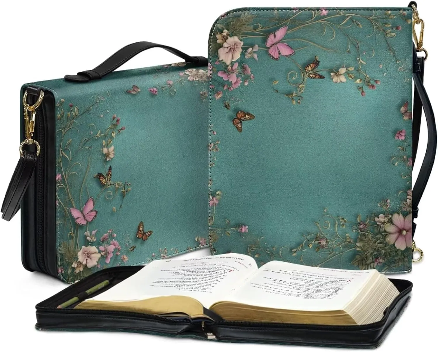 Green Bible Cover PU Leather Book Protector Case with Shoulder and Handle for Women Girls,Colourful Butterflies and Pink Flowers,XL