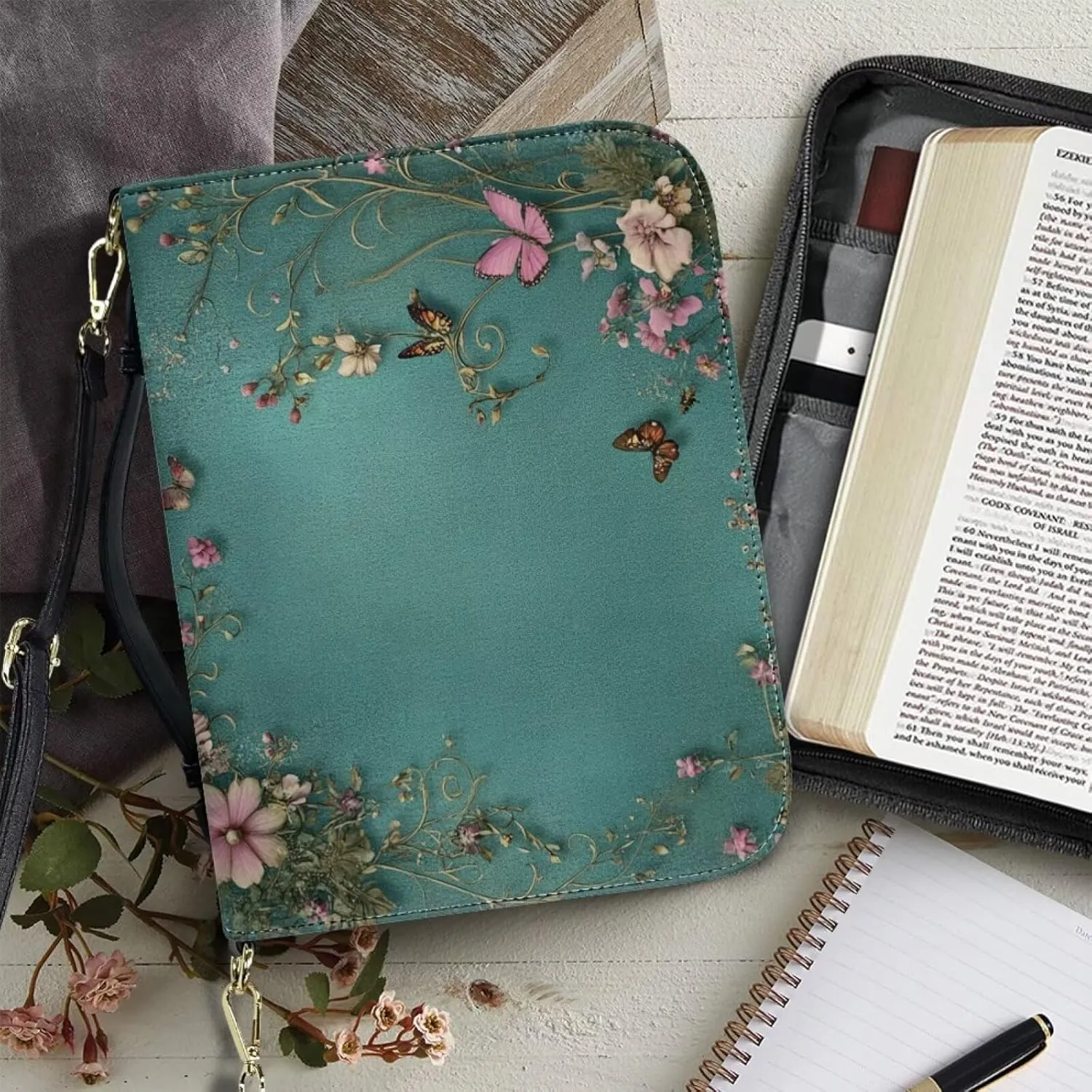 Green Bible Cover PU Leather Book Protector Case with Shoulder and Handle for Women Girls,Colourful Butterflies and Pink Flowers,XL