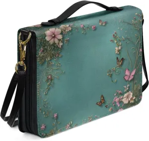 Green Bible Cover PU Leather Book Protector Case with Shoulder and Handle for Women Girls,Colourful Butterflies and Pink Flowers,XL