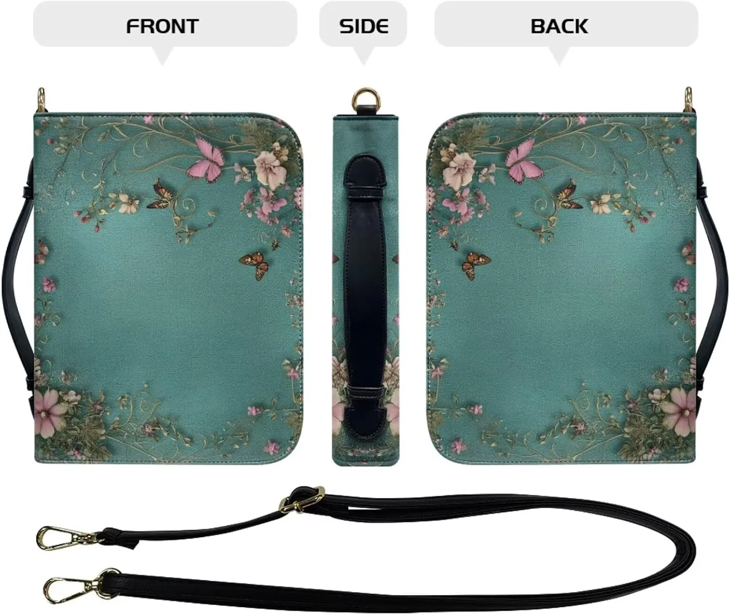 Green Bible Cover PU Leather Book Protector Case with Shoulder and Handle for Women Girls,Colourful Butterflies and Pink Flowers,XL