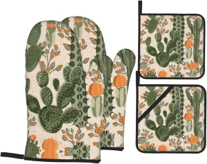 Green Cactus Print Convenient Oven Mitts Pot Holders Set Duty Heat Resistant Gloves with Quilted Liner