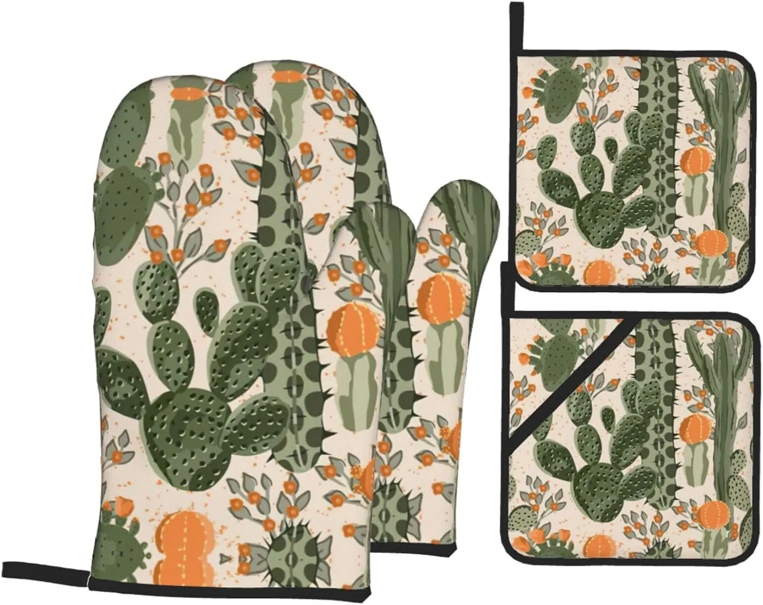 Green Cactus Print Convenient Oven Mitts Pot Holders Set Duty Heat Resistant Gloves with Quilted Liner