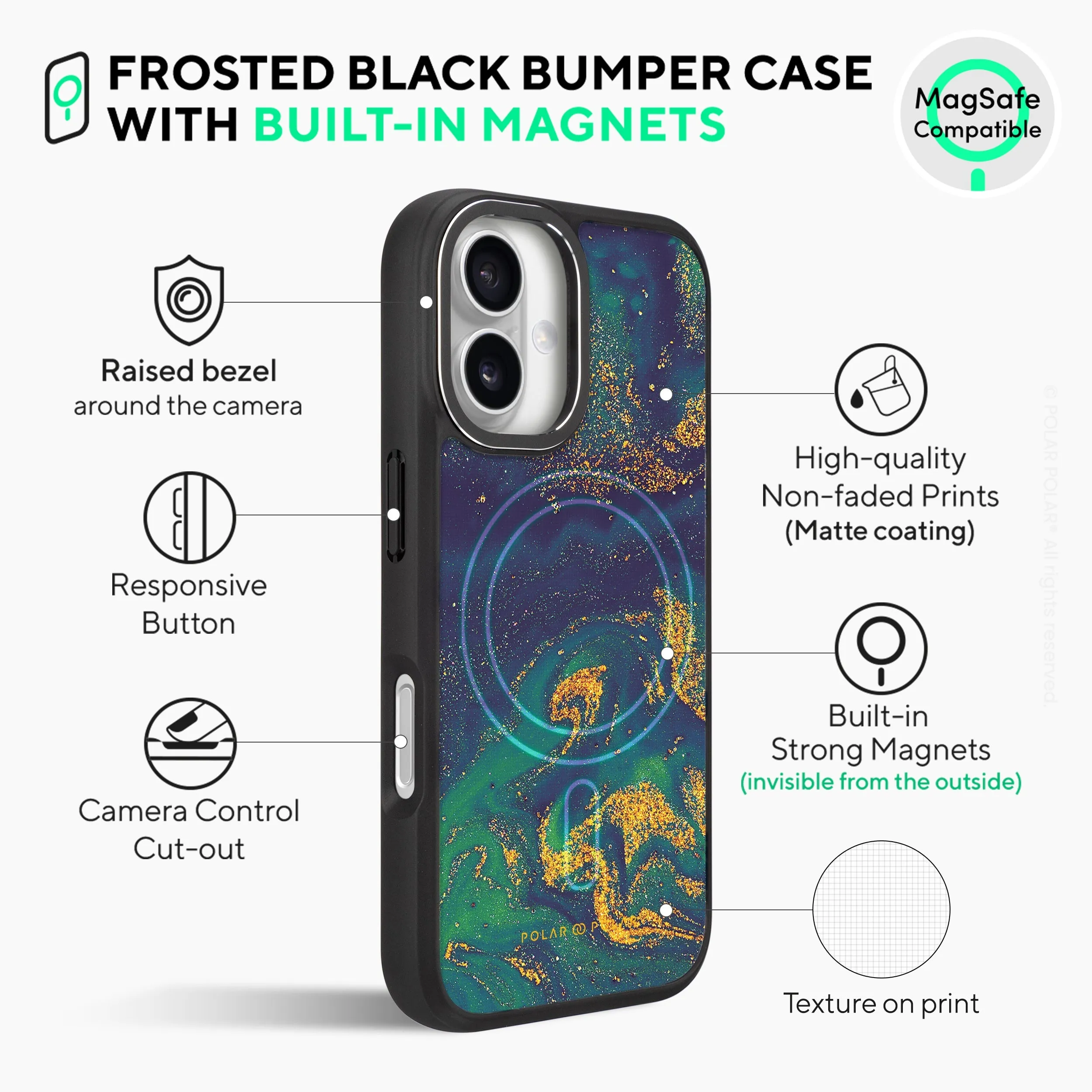 Green Night Quicksand - iPhone 16 Pro Frosted Black Bumper MagSafe Case