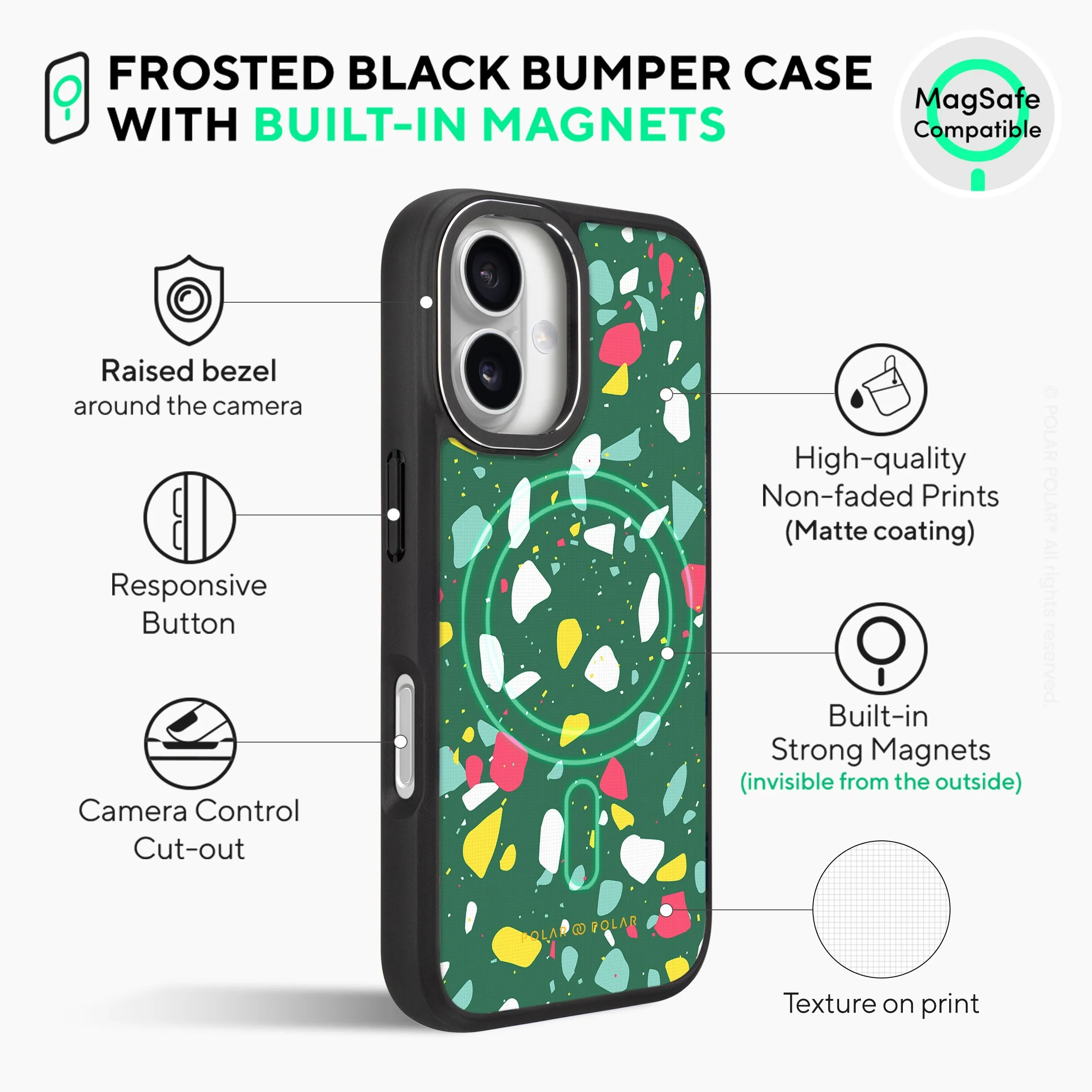 Greenfield Terrazzo - iPhone 16 Frosted Black Bumper MagSafe Case