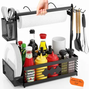 Grill Caddy for Outdoor Grill, BBQ Caddy with Camping Paper Towel Holder and Plate Holder, Picnic Utensil Condiment Kitchen Organizer for Camper, RV Patio Tailgate Essentials, Grilling Gifts for Men