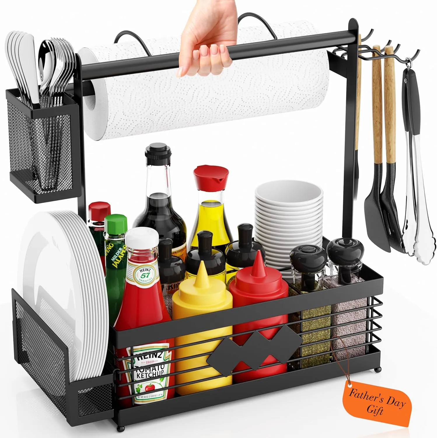 Grill Caddy for Outdoor Grill, BBQ Caddy with Camping Paper Towel Holder and Plate Holder, Picnic Utensil Condiment Kitchen Organizer for Camper, RV Patio Tailgate Essentials, Grilling Gifts for Men
