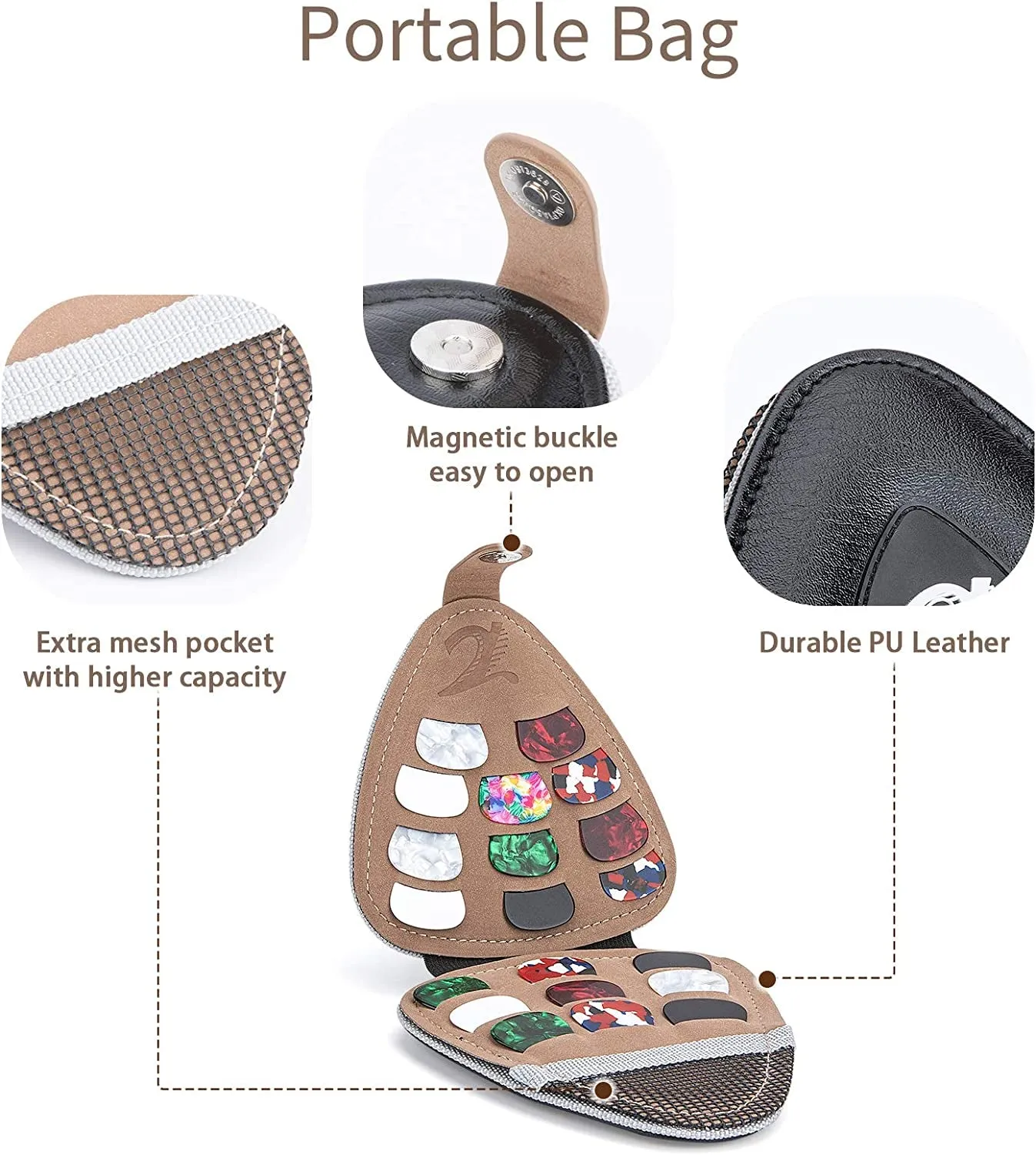 Guitar Picks Holder for Acoustic Electric Guitar, Variety Pack Picks Storage Pouch Box, PU Leather Plectrums Bag with Lanyard, Gift for Guitar Players ( Case Only )