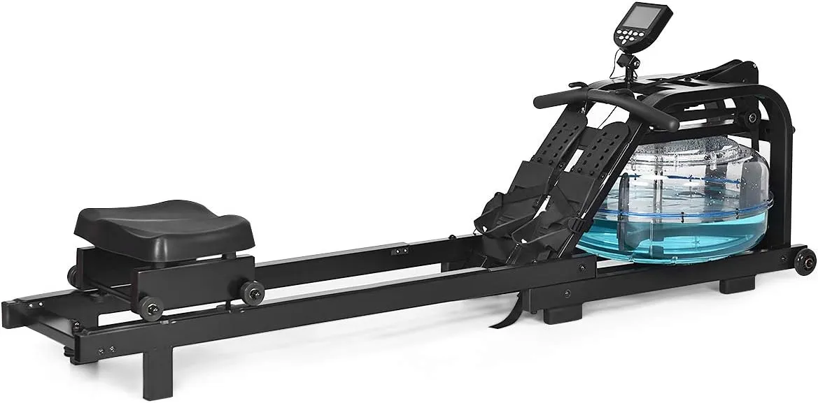 GYMAX Water Rowing Machine, Water Rower with Adjustable Resistance & LCD Display, Easy-Transportation Rower for Whole Body Exercise Cardio Training