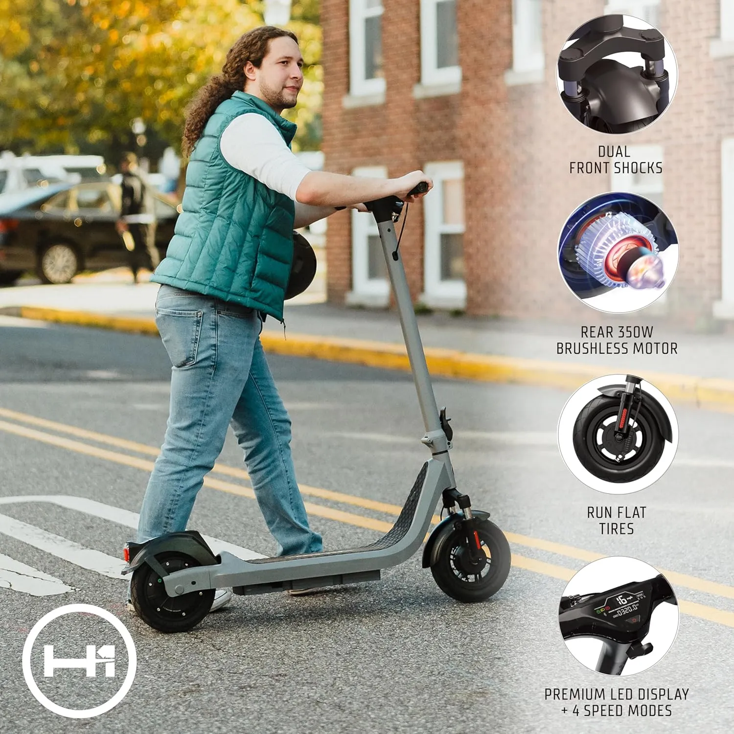 H-1 Pro Series Ace R350/R450 Foldable Electric Scooter with 350W/450W Brushless Motor, 15.5 to 20 mph Max Speed, 10” Self-Sealing Tubeless Tires, and 18.5 to 25.6 Mile Range