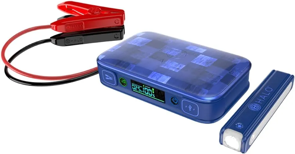 HALO Bolt PAL 1000 Portable Car Jump Starter with Detachable Power Bank Flashlight | USB & USB-C Charger Ports, Digital Display | Powers Multiple Devices, TSA Approved — Cobalt