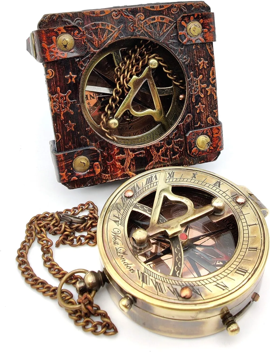 Handmade Brass Sundial Compass Steampunk Marine Pocket Watch with Leather Case, Pirate Gift