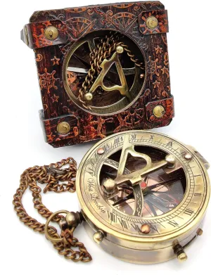 Handmade Brass Sundial Compass Steampunk Marine Pocket Watch with Leather Case, Pirate Gift