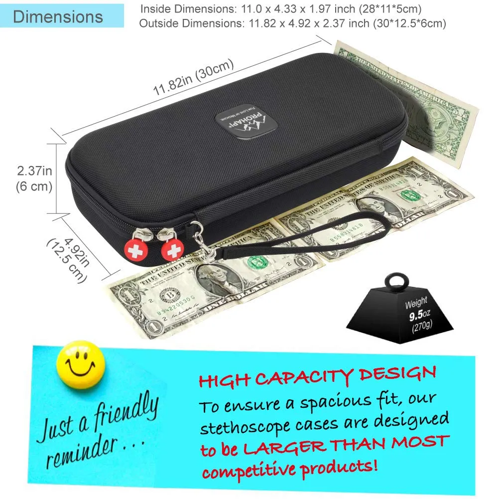 Hard Stethoscope Case, Large Stethoscope Carrying Case with ID Slot, Compatible with 3M Littmann/ADC/Omron/MDF Stethoscope Includes Mesh Pocket for Nurse Accessories (Black)