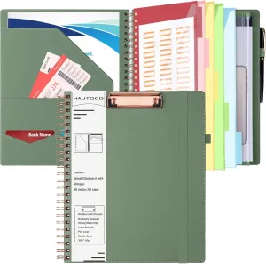 HAUTOCO Leather Clipboard Folio with Storage Zipper Pouch, Notepad, Business Card Holder, 5 Divider with 10 Pocket, File Folder Label, Pen Loop, Elastic Strap, Spiral Padfolio Clipboard, Olive Green