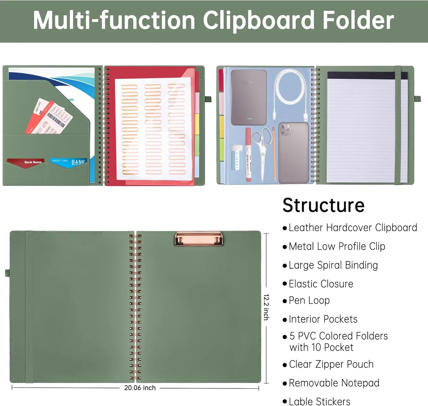 HAUTOCO Leather Clipboard Folio with Storage Zipper Pouch, Notepad, Business Card Holder, 5 Divider with 10 Pocket, File Folder Label, Pen Loop, Elastic Strap, Spiral Padfolio Clipboard, Olive Green