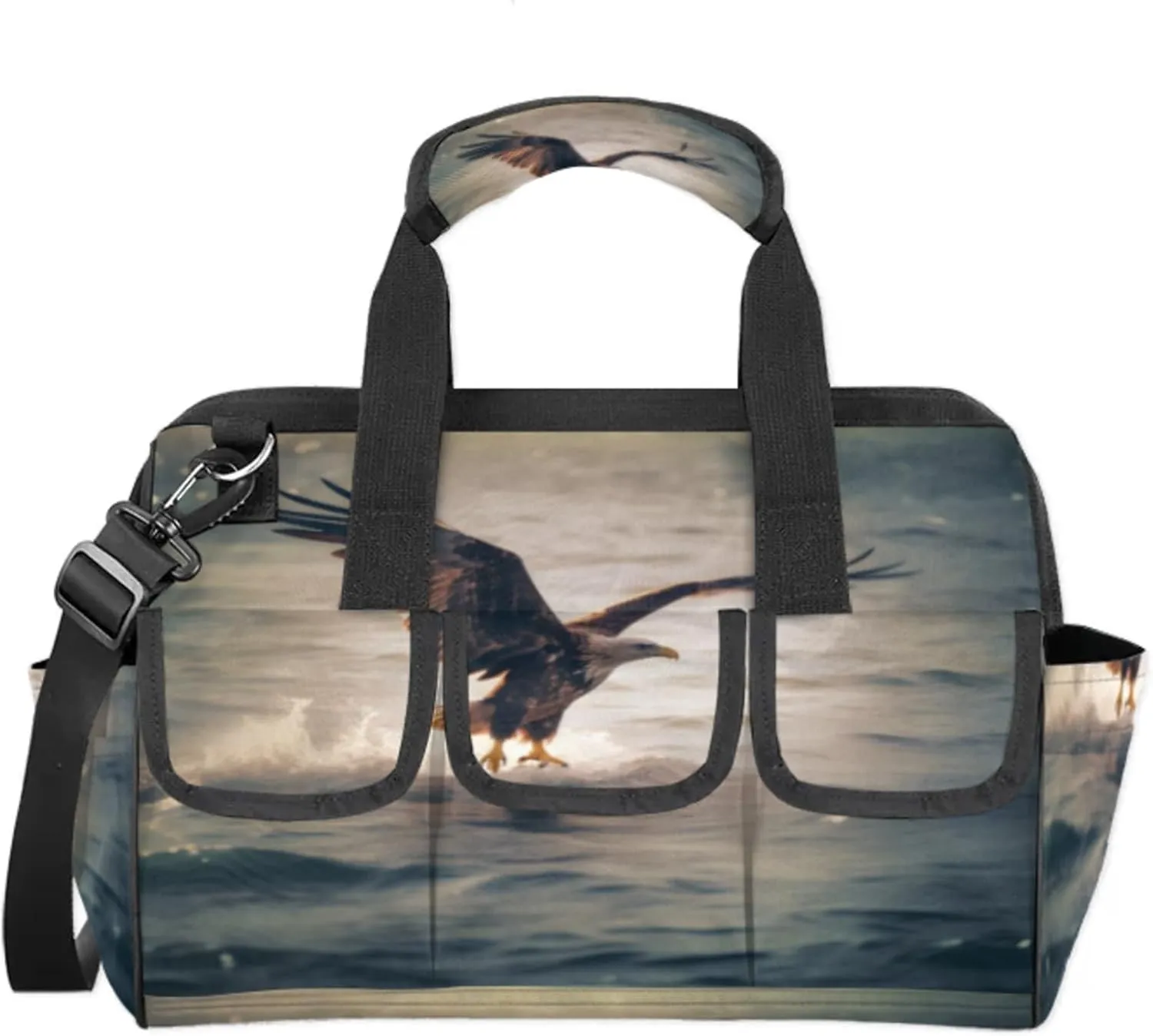 Hawk Grab Fish Tool Bag Wide Mouth 14.8" Portable Tools Tote 14 Pockets Waterproof Heavy Duty Tool Organizer Adjustable Shoulder Strap for Men Women Garden Tools