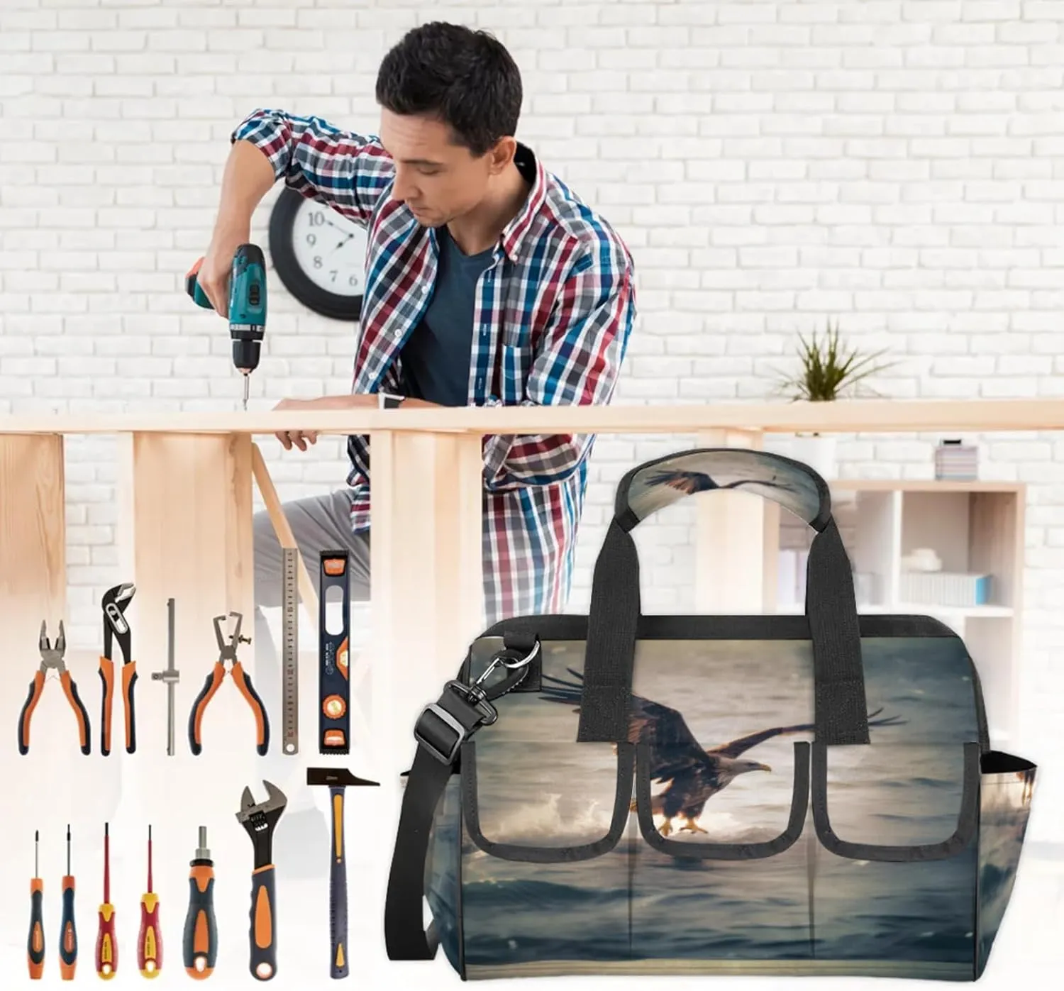 Hawk Grab Fish Tool Bag Wide Mouth 14.8" Portable Tools Tote 14 Pockets Waterproof Heavy Duty Tool Organizer Adjustable Shoulder Strap for Men Women Garden Tools