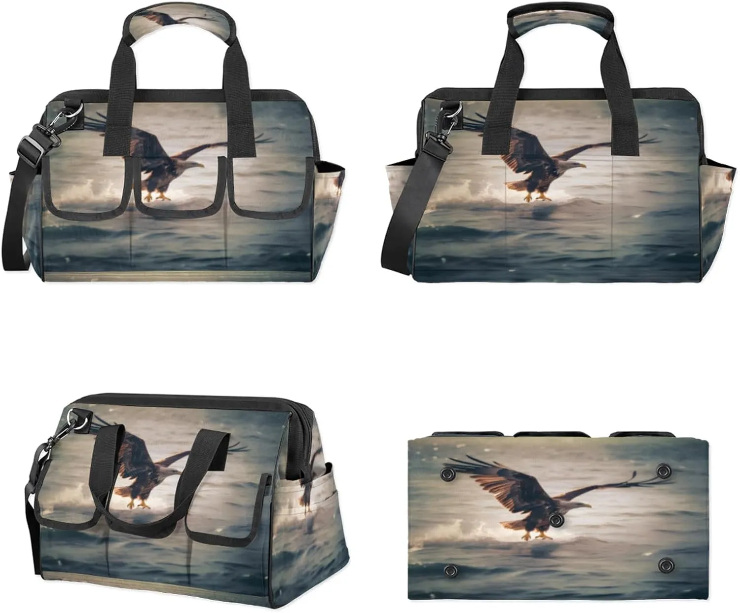 Hawk Grab Fish Tool Bag Wide Mouth 14.8" Portable Tools Tote 14 Pockets Waterproof Heavy Duty Tool Organizer Adjustable Shoulder Strap for Men Women Garden Tools