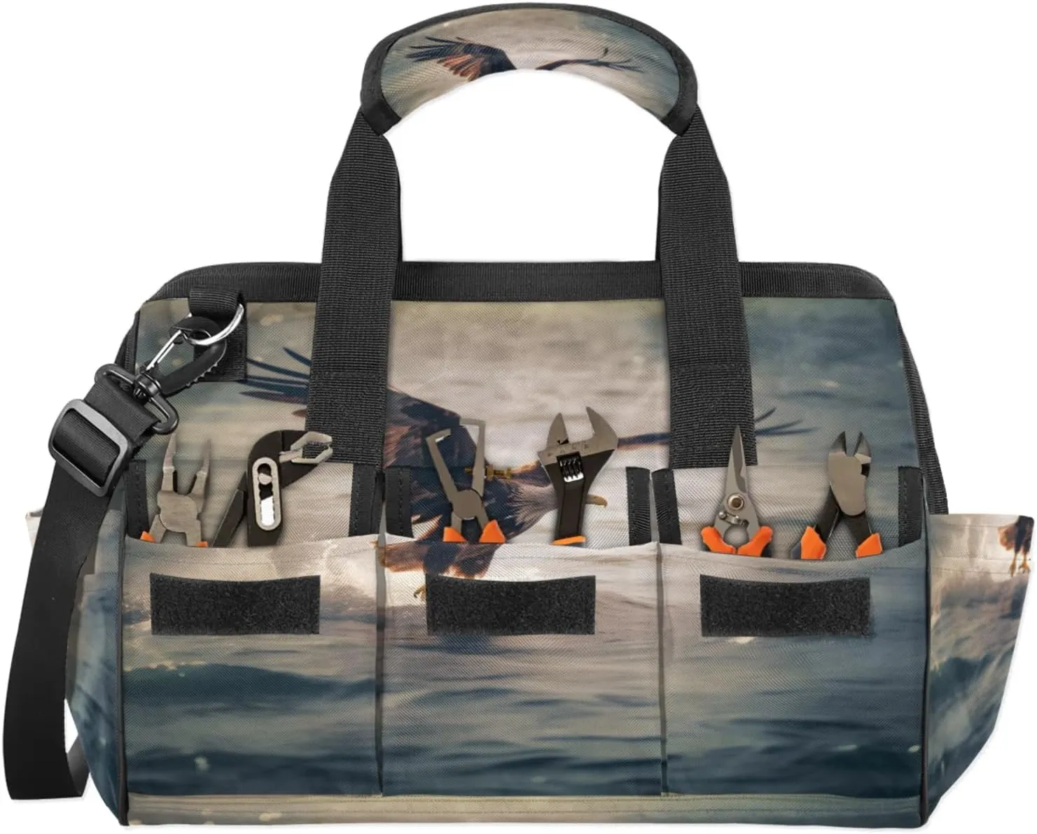 Hawk Grab Fish Tool Bag Wide Mouth 14.8" Portable Tools Tote 14 Pockets Waterproof Heavy Duty Tool Organizer Adjustable Shoulder Strap for Men Women Garden Tools