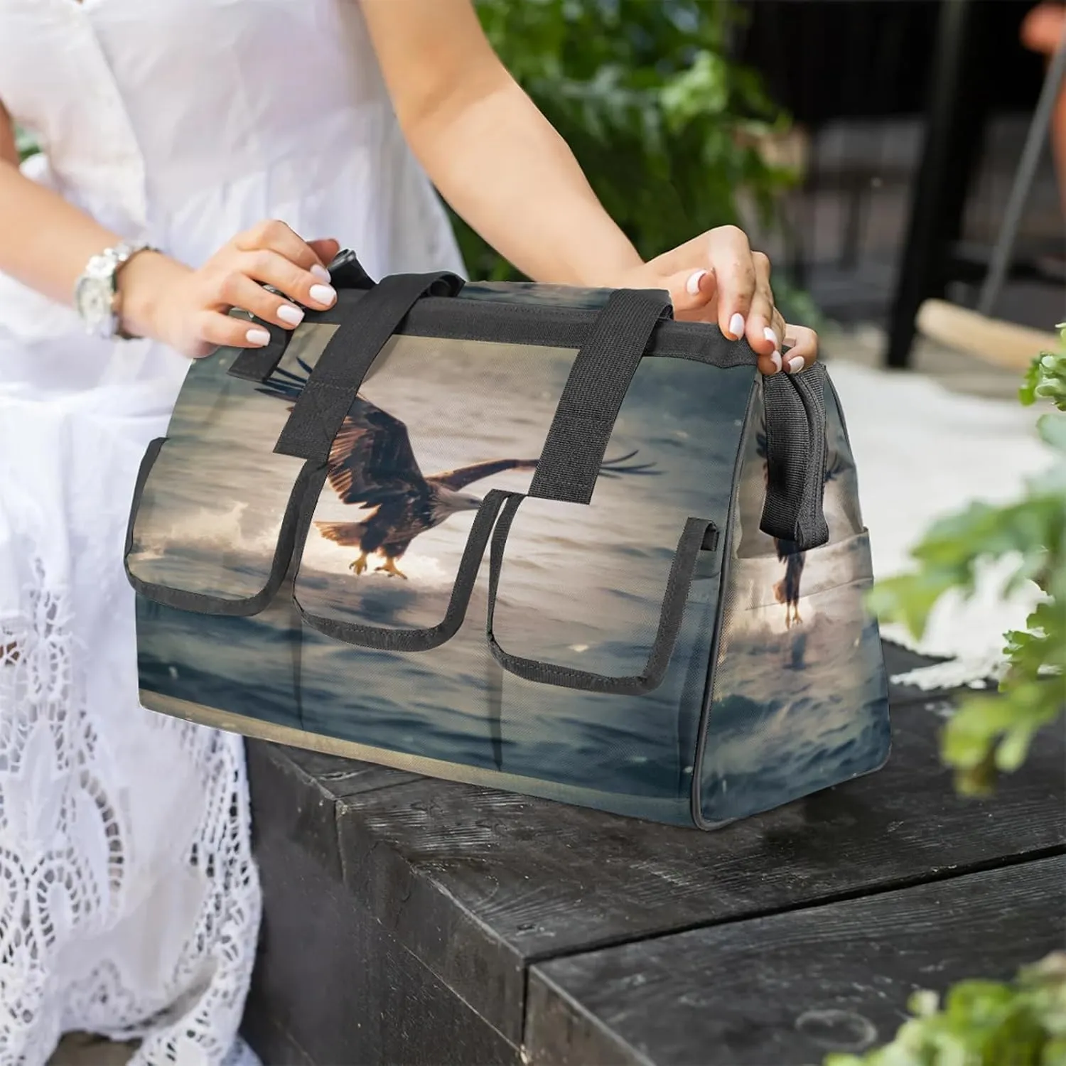 Hawk Grab Fish Tool Bag Wide Mouth 14.8" Portable Tools Tote 14 Pockets Waterproof Heavy Duty Tool Organizer Adjustable Shoulder Strap for Men Women Garden Tools