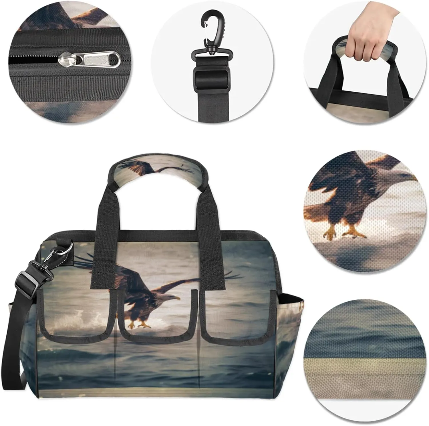 Hawk Grab Fish Tool Bag Wide Mouth 14.8" Portable Tools Tote 14 Pockets Waterproof Heavy Duty Tool Organizer Adjustable Shoulder Strap for Men Women Garden Tools